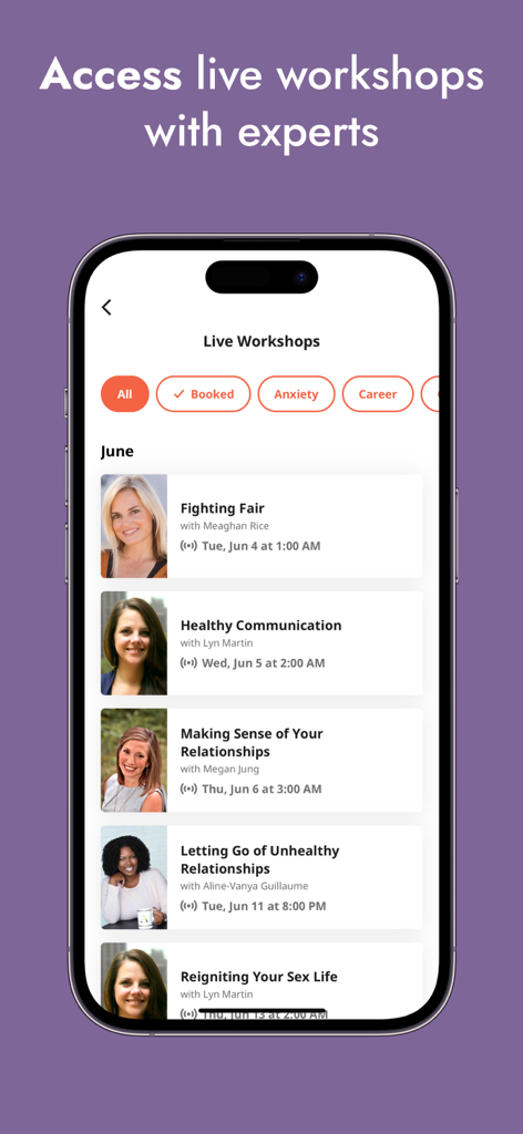 A list of live workshops with relationship experts in the Lasting app