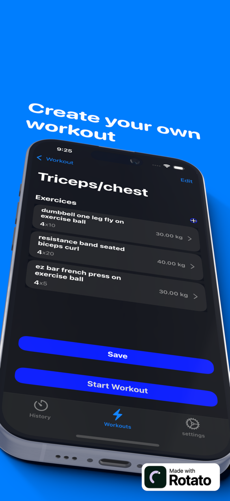 Peak Strength Workout Tracker - iPhone display of the Peak Strength app showing a custom workout template for triceps and chest with exercise logging options