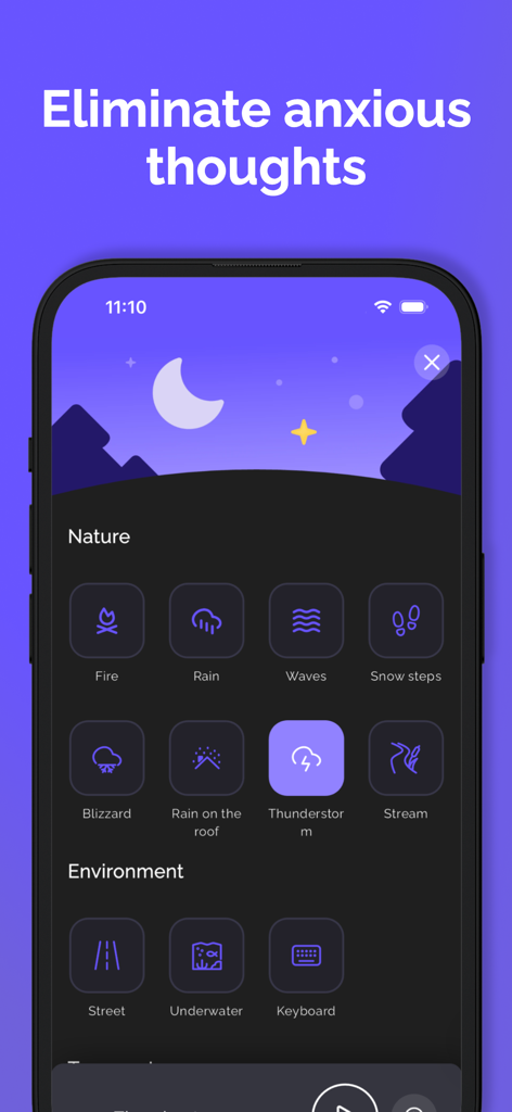 MindHealth: Mental Health CBT - MindHealth app interface showing ambient nature and environment sounds to help eliminate anxious thoughts.
