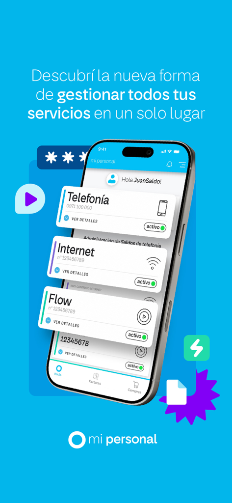 Mi Personal - Paraguay - A smartphone screen displaying the Mi Personal Paraguay app dashboard with mobile internet and TV service management options
