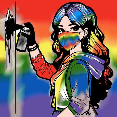 realistic girl with mask spray painting a wall