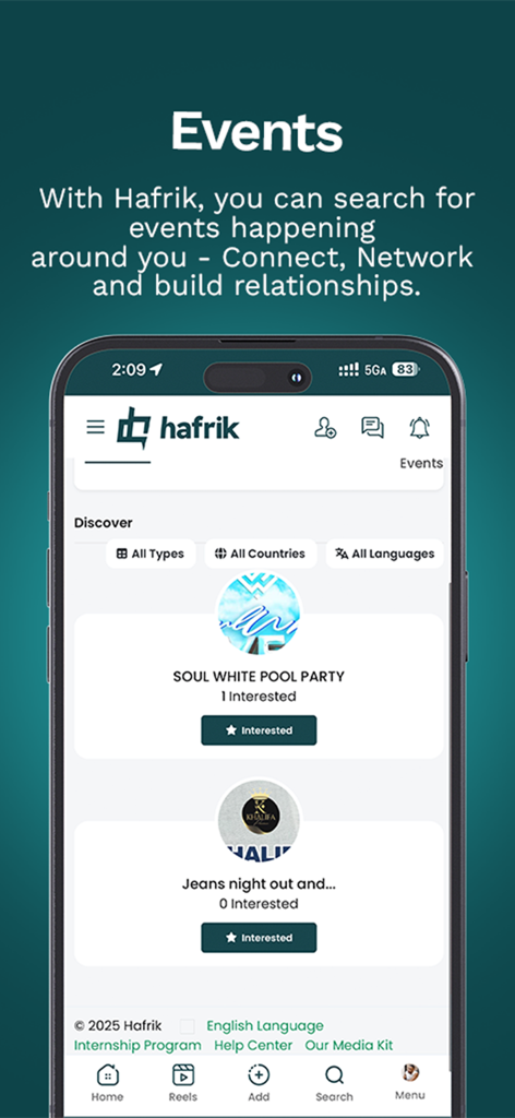 Hafrik lite - Mobile app screen showing a list of local events and networking opportunities for expats