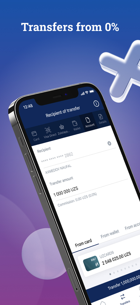 InfinBANK - Tela do aplicativo móvel InfinBANK mostrando um processo de transferência de dinheiro com comissão zero