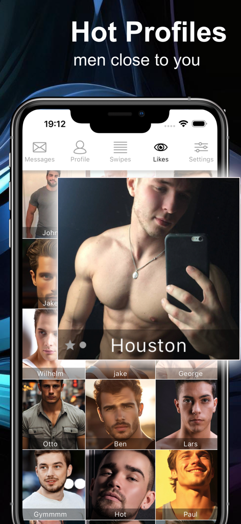 Una interfaz móvil para la app de citas gay Catscha que muestra una cuadrícula de perfiles masculinos locales y una foto de usuario destacada.