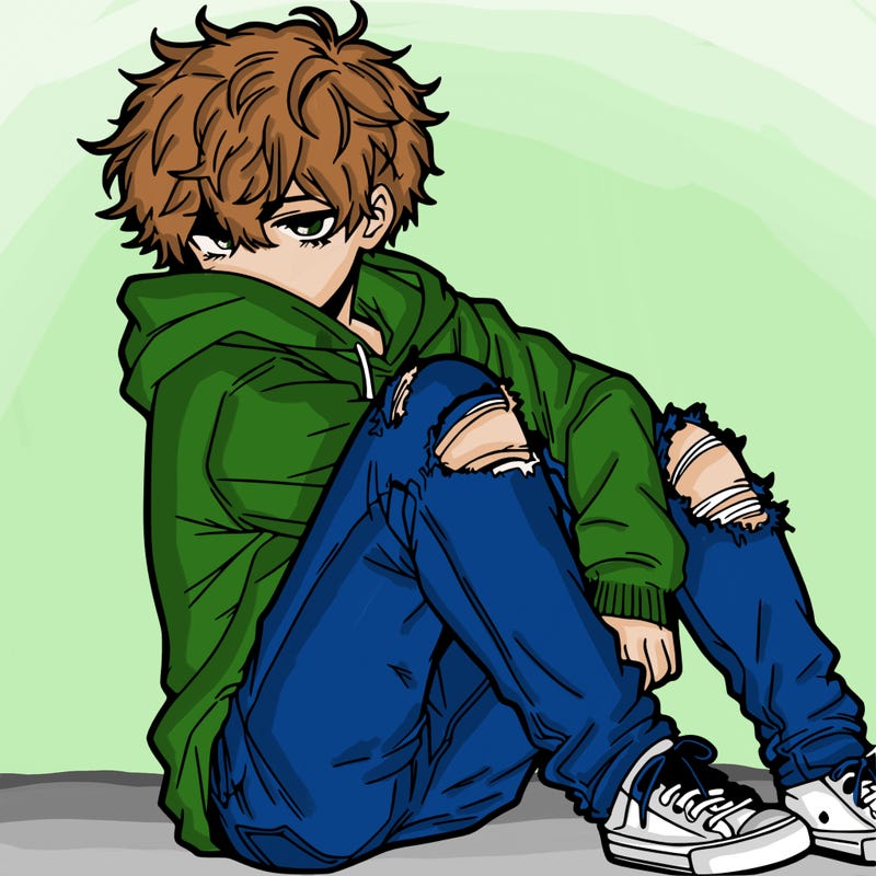 a male hoddie ripped jeans messy hair anime