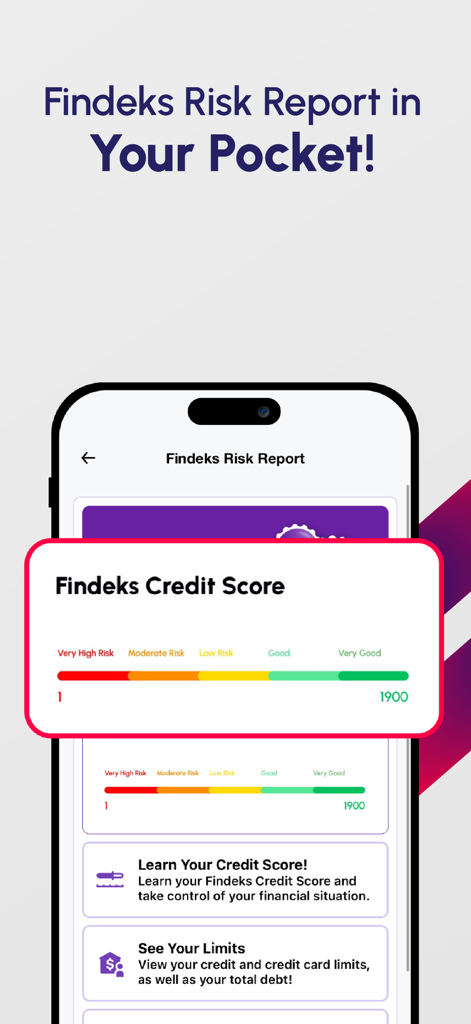 Sipay - Pantalla de la aplicación Sipay que muestra el informe de puntuación de crédito Findeks con un medidor de nivel de riesgo y herramientas de límite financiero.