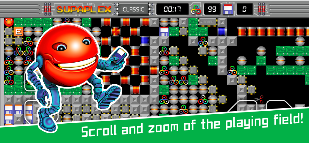 Supaplex - Supaplex Classic gameplay screenshot featuring the character Murphy and a circuit board puzzle level with zoom and scroll text.