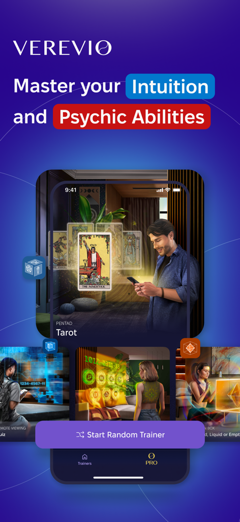 VEREVIO App-Hauptbildschirm für Intuitions- und psychisches Fähigkeitstraining