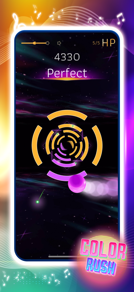 Color Rush: Smash Rhythm 3D - A purple ball smashing through circular color rings in the mobile game Color Rush Smash Rhythm 3D.