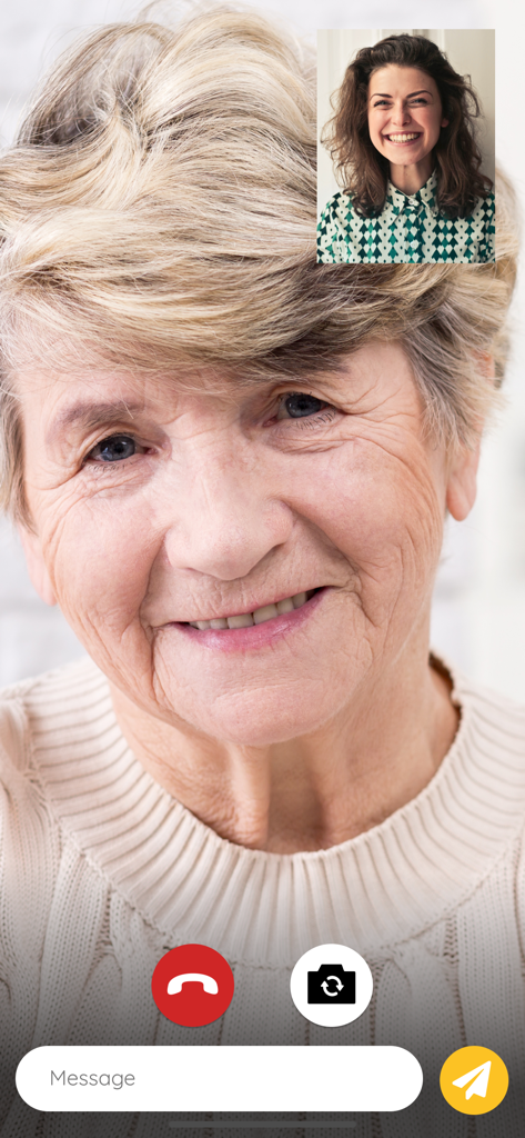 LiNote - Video call interface showing a smiling elderly woman and a younger family member using the LiNote app