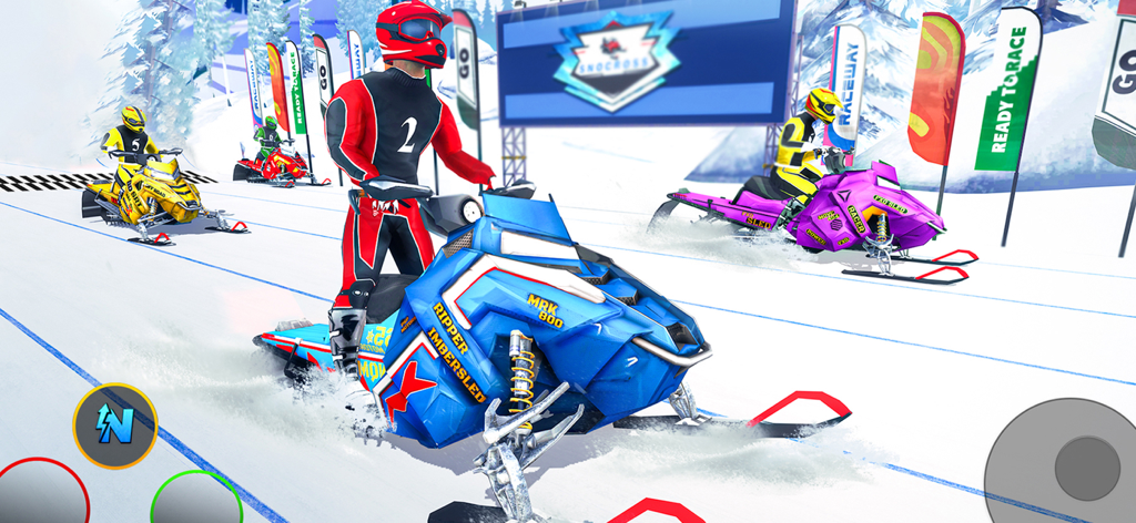 Snow Bike Racing Simulator ATV - Uma cena competitiva de corrida de moto de neve em uma pista nevada com vários pilotos e motoneves personalizadas
