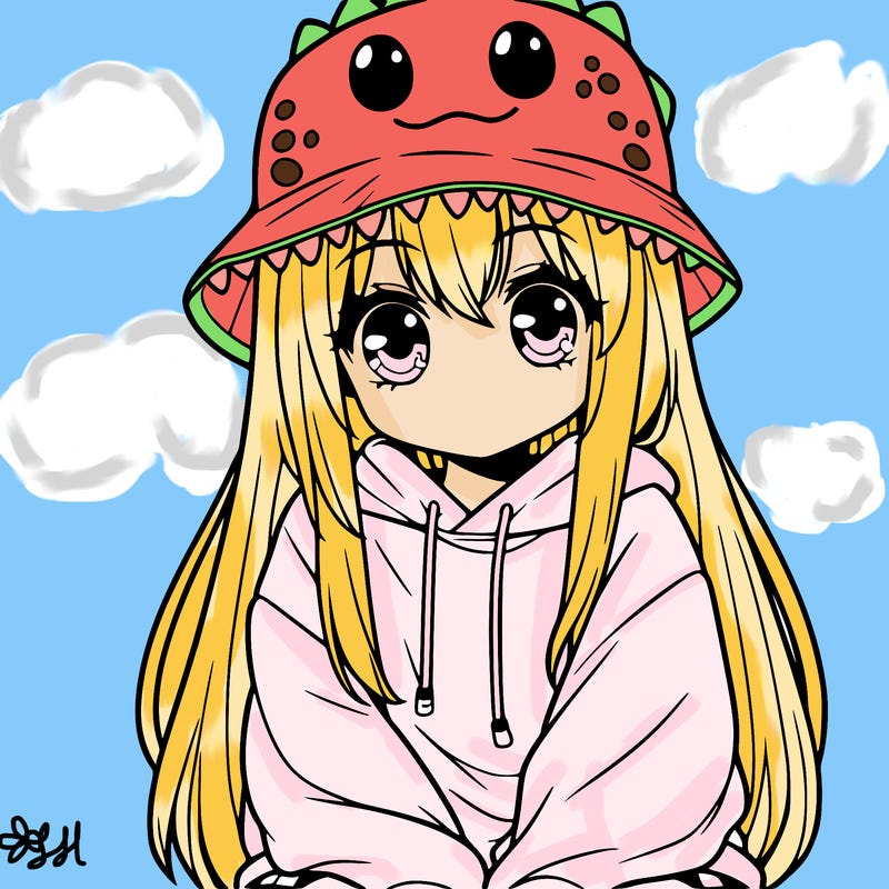 girl with anime shaped eyes with a dinosaur bucket hat oversized sweatshirt long straight hair
