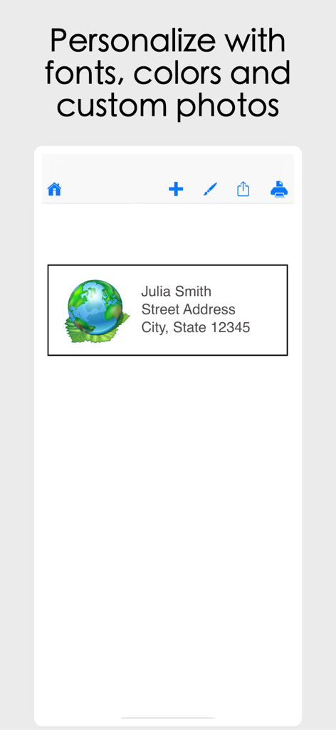 지구본 아이콘과 자리 표시자 텍스트가 있는 맞춤형 주소 라벨을 보여주는 우편 라벨 디자이너 앱의 인터페이스