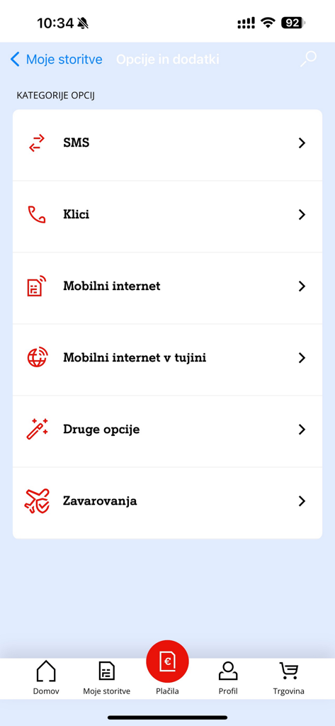 Moj A1 - Moj A1 mobile app menu showing service categories for SMS calls and mobile internet