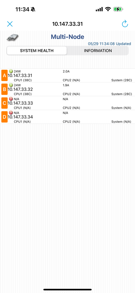 Supermicro IPMIView multi-node system health dashboard displaying server status and power consumption.