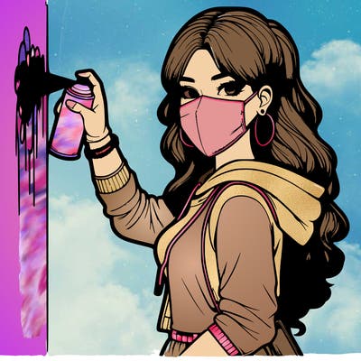 realistic girl with mask spray painting a wall