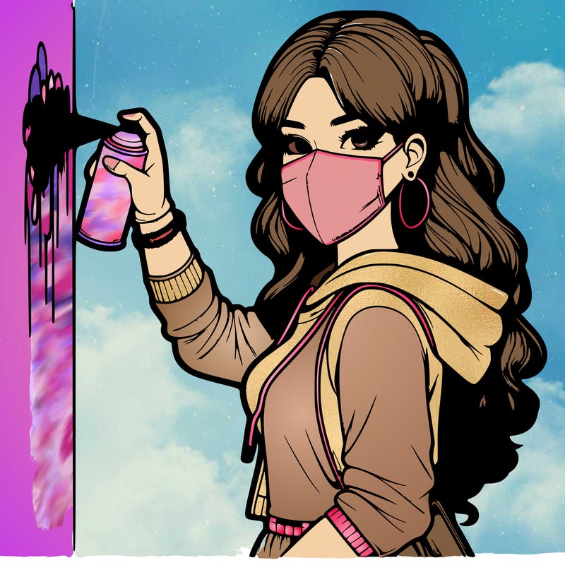 realistic girl with mask spray painting a wall