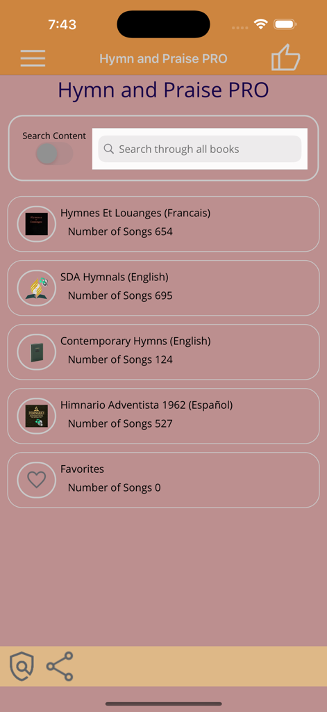 Hymns and Praise Pro app interface showing a list of hymnals in French English and Spanish with a search bar