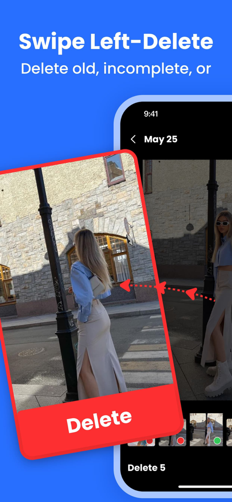 AI Cleaner의 모바일 앱 인터페이스가 iPhone 사진 갤러리를 빠르게 정리하기 위한 왼쪽 스와이프 삭제 기능을 보여주는 모습