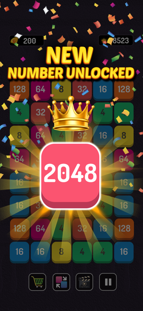 Number Blast - Puzzle Game - Pantalla del juego Number Blast mostrando un bloque 2048 desbloqueado con una corona y confeti