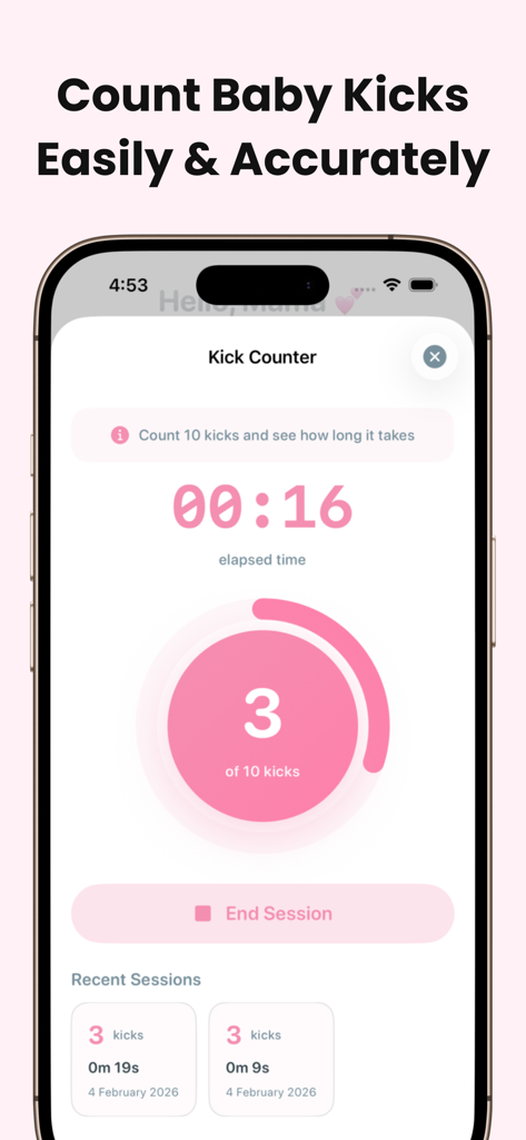 Interfaz de la aplicación BabyKicks para contar patadas fetales con un círculo de progreso y temporizador en un tema rosa suave
