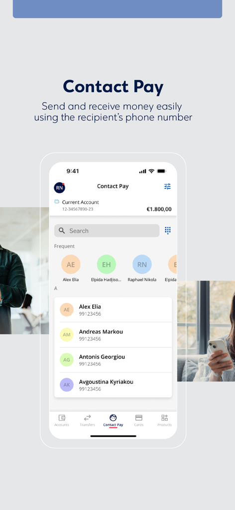 Mobile app screen showing the Contact Pay feature to send and receive money using phone numbers