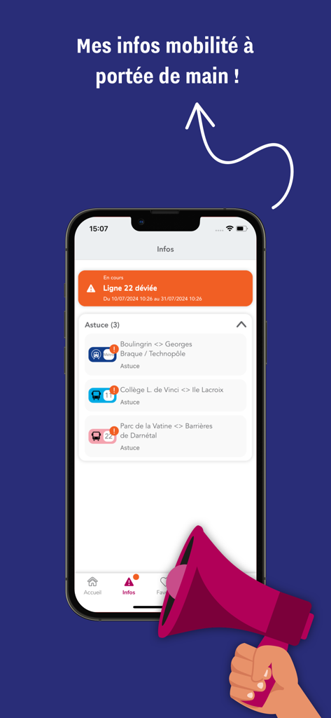 My Astuce - Smartphone screen of My Astuce app showing real-time transit alerts and traffic disruptions in Rouen