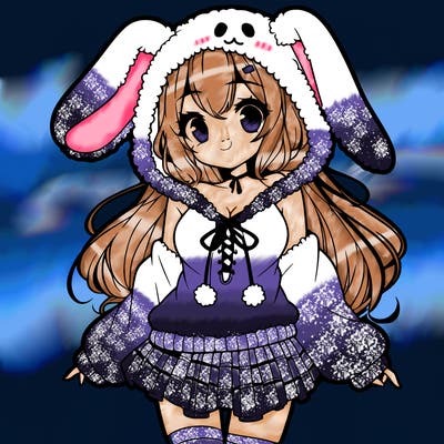 pretty anime girl wearing a fluffy hoodie with bunny ears on the hood and a skirt
