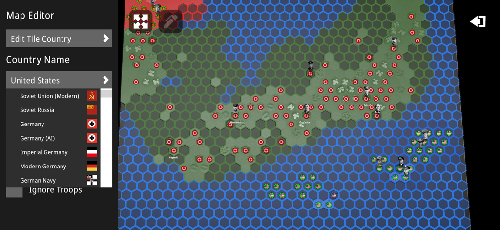Pocket Panzers - Interface de l'éditeur de cartes intégré dans Pocket Panzers montrant une carte stratégique hexagonale et un menu de sélection de faction.