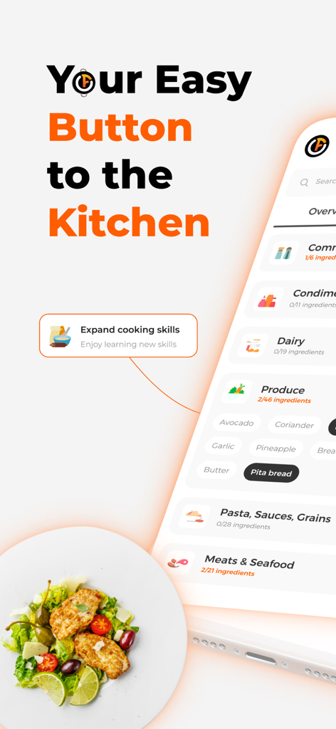 Foodiaz - Foodiaz app interface showing pantry categories like Produce and Meats alongside a healthy salad plate