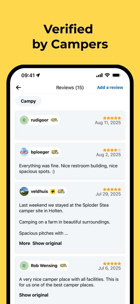 Mobile app interface displaying verified user reviews and star ratings for camping locations in Europe