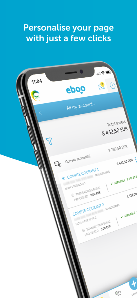 eboo - Tela móvel do aplicativo de e-banking eboo mostrando contas correntes e ativos totais em Euro