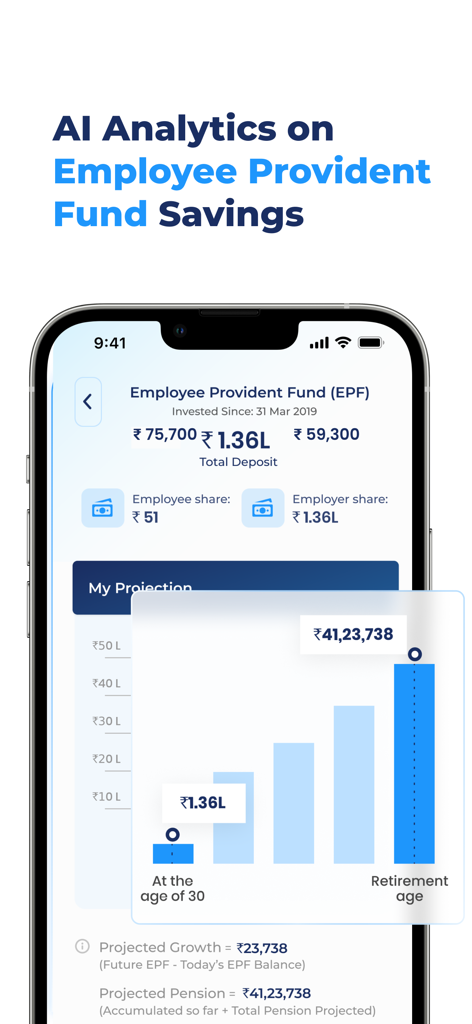 NPS by PensionBox - AI analytics screen in the PensionBox app showing EPF savings and retirement projections