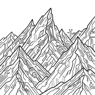Embark on an electrifying coloring adventure with our Cyberpunk Mountain Aretes design, perfect for young explorers. This unique page merges jagged peaks with futuristic tech details, inviting kids to bring a high-tech landscape to life.