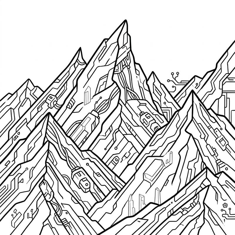 Embark on an electrifying coloring adventure with our Cyberpunk Mountain Aretes design, perfect for young explorers. This unique page merges jagged peaks with futuristic tech details, inviting kids to bring a high-tech landscape to life.