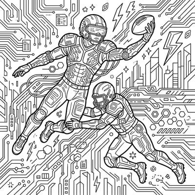 Experience the thrilling fusion of sports and sci-fi with our Cyberpunk Football Safeties coloring page. This intricate design offers teens a unique artistic challenge, combining dynamic action with a futuristic aesthetic.
