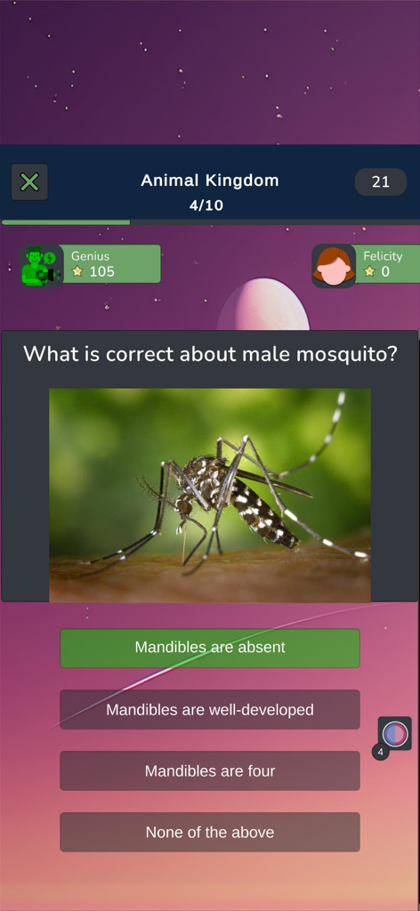 Zoology Knowledge Quiz - Uma pergunta de quiz de zoologia multijogador sobre a anatomia do mosquito macho com rastreamento de pontuação.