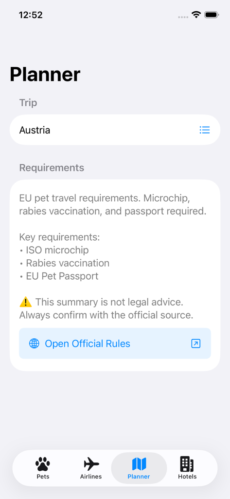 Pet Travel Planner - マイクロチップと予防接種の詳細を含むオーストリアの入国要件を示すPet Travel Plannerアプリインターフェース
