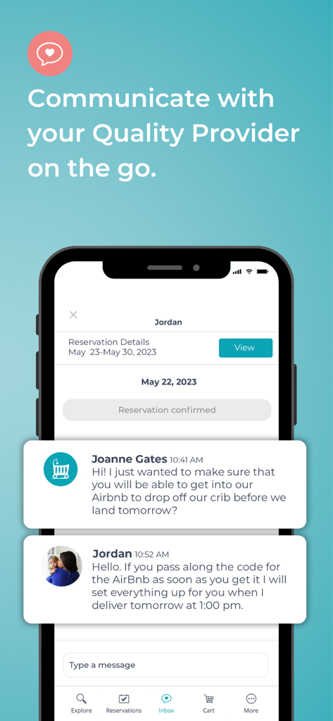 BabyQuip - Baby Gear Rentals - BabyQuipのアプリ内メッセージ画面。ベビー用品レンタルの配達に関するクオリティプロバイダーとの会話が表示されています。