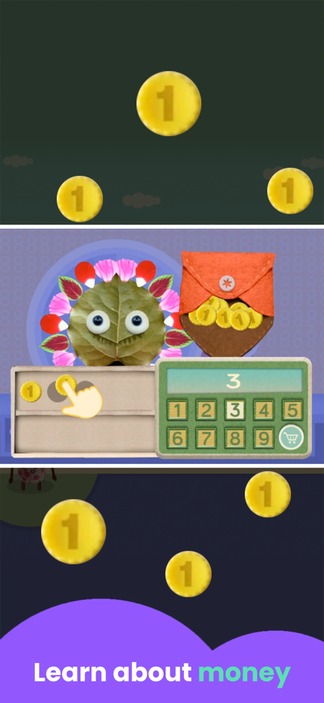 Number Games for Kids - Pantalla de juego educativo que muestra a un niño aprendiendo a contar monedas y seleccionando el número correcto en un teclado