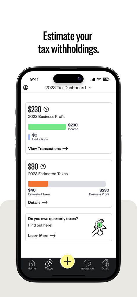 Stride: Mileage & Tax Tracker - Stride app dashboard showing estimated tax withholdings and business profit for gig workers.