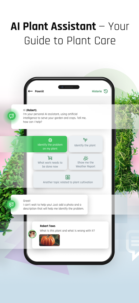 PLANTIS - Plants care - Plantis 앱 스크린샷이 식물 식별 및 질병 진단 옵션이 있는 AI 식물 도우미 채팅 인터페이스를 보여줍니다.