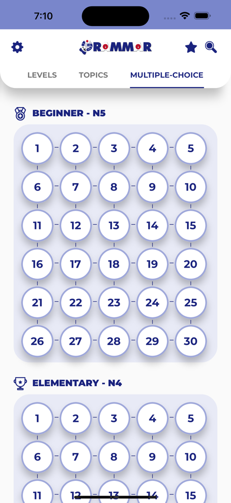 PORO - Japanese Grammar - Pantalla que muestra los niveles de cuestionarios de opción múltiple para JLPT N5 y N4 en la aplicación PORO Japanese Grammar.