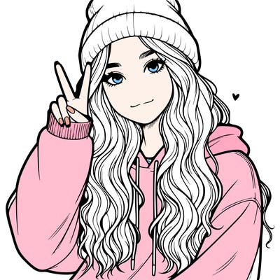 a teenage girl in a beanie, oversized sweatshirt, wavy long hair, and is showing a ✌️