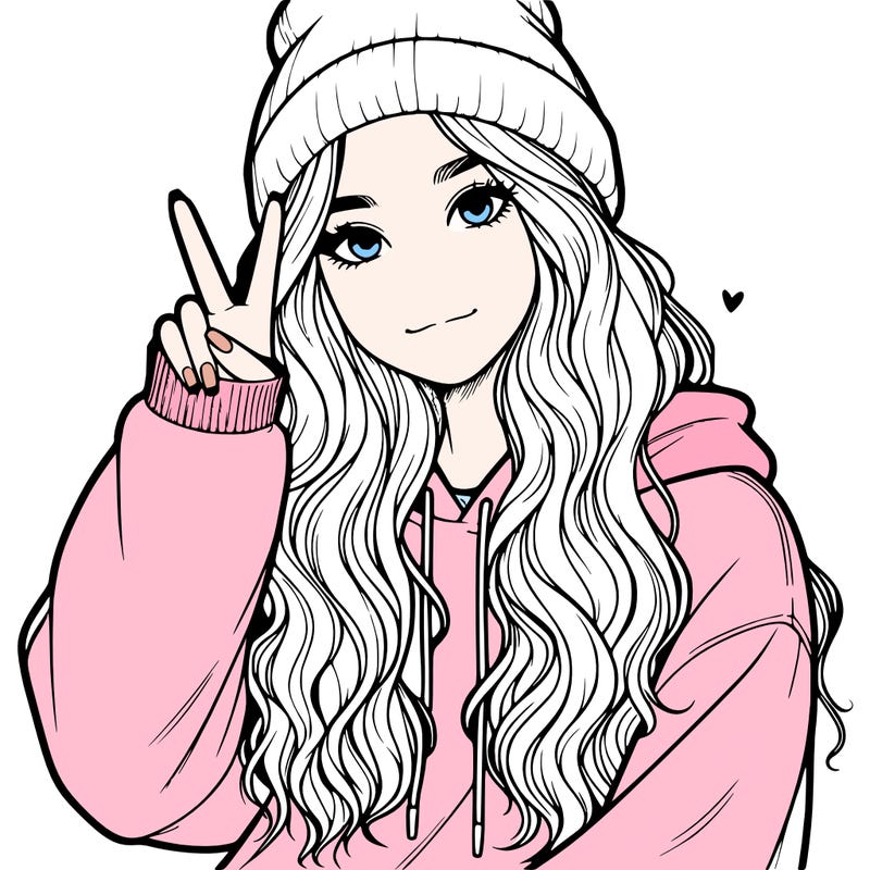 a teenage girl in a beanie, oversized sweatshirt, wavy long hair, and is showing a ✌️