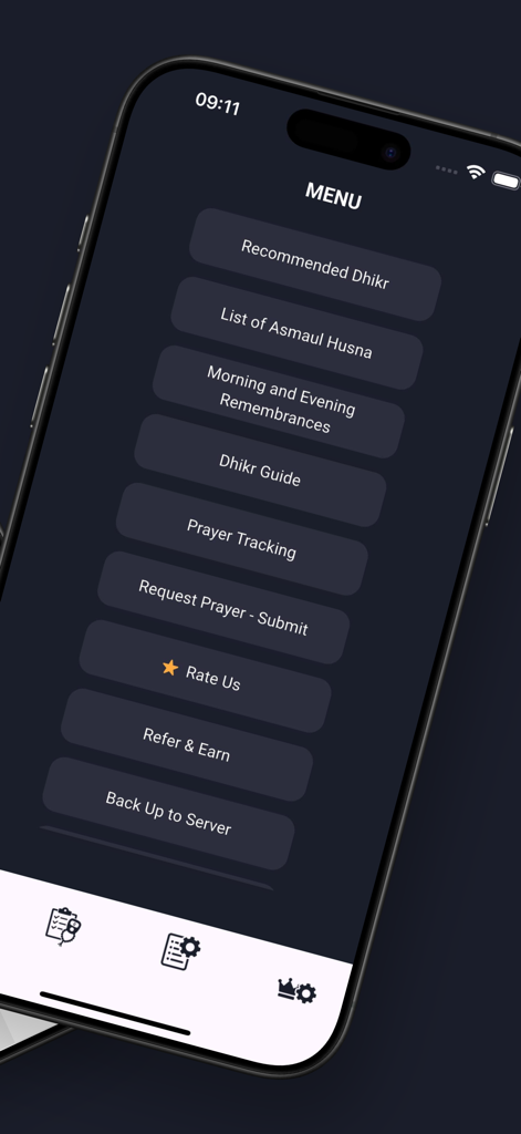 Main menu of the Digital Tasbeeh Counter app displaying options for Dhikr guides prayer tracking and Asmaul Husna