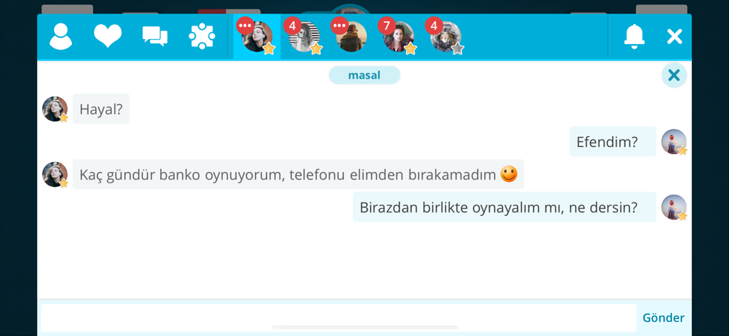 In-game social chat interface of Okey and Banko showing messages between players