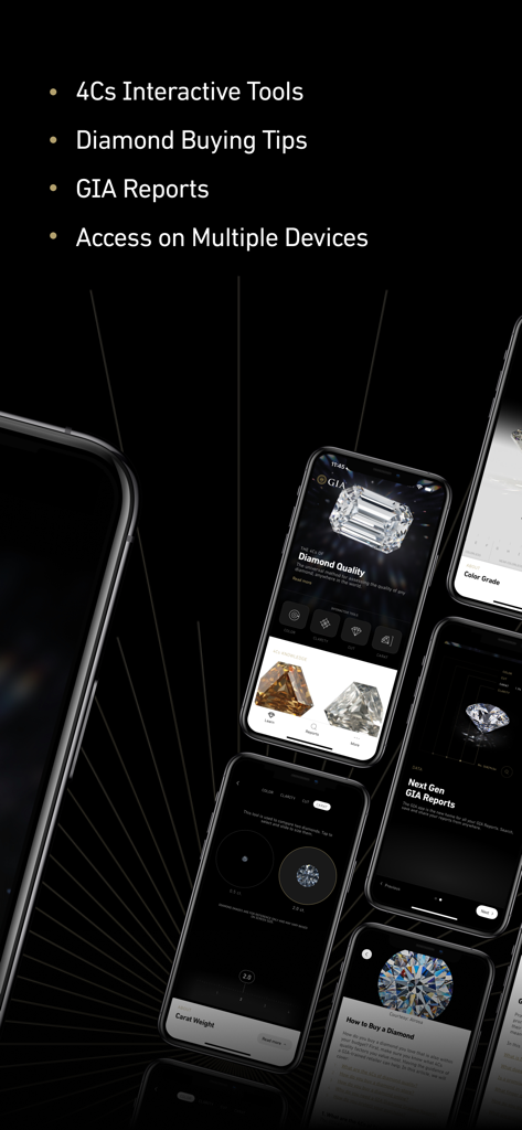 GIA - Mobile app screens showing GIA diamond reports and interactive buying tools.