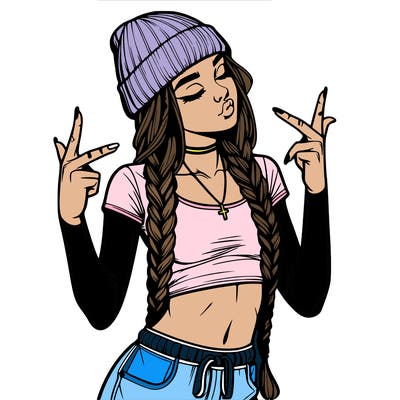 realistic teenage girl with braids and a beanie and crop top doing 🫶🏼