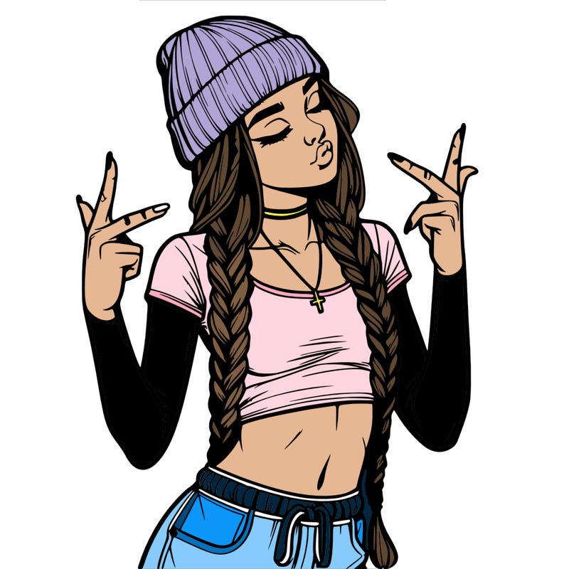 realistic teenage girl with braids and a beanie and crop top doing 🫶🏼